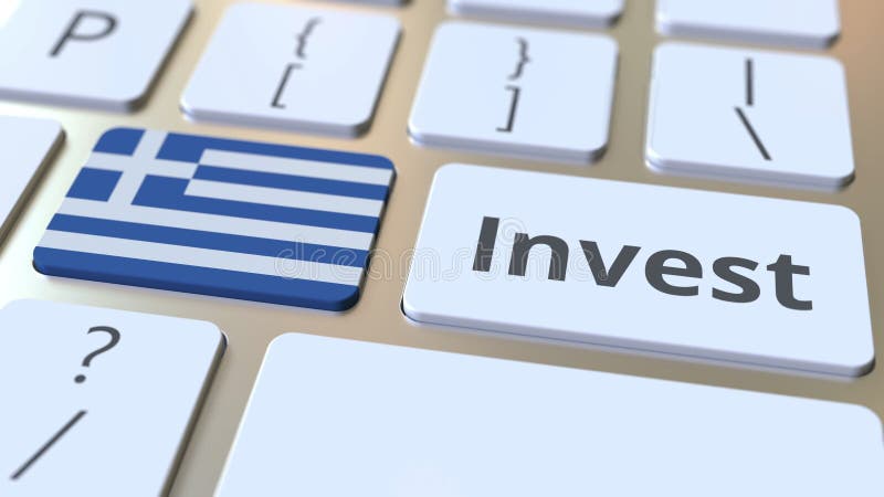 INVEST text and flag of Greece on the buttons on the computer keyboard. Business related conceptual 3D rendering vector illustration