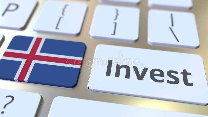 INVEST text and flag of Iceland on the buttons on the computer keyboard. Business related conceptual 3D rendering stock illustration