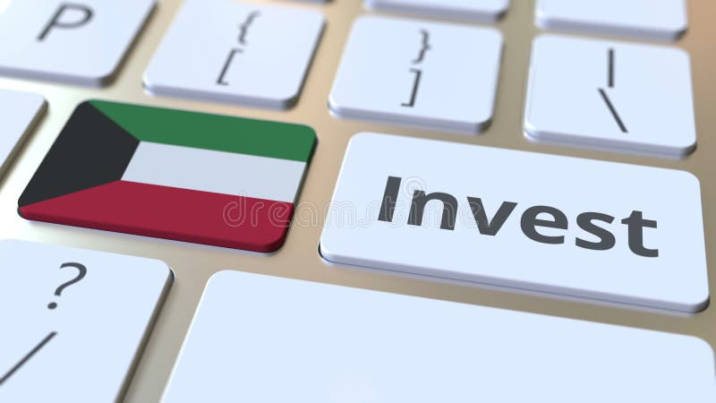 INVEST text and flag of Kuwait on the buttons on the computer keyboard. Business related conceptual 3D rendering stock illustration