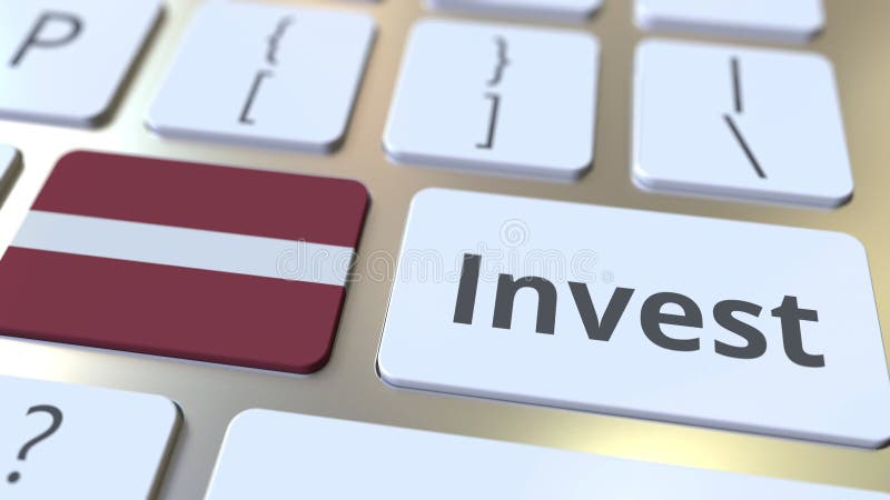INVEST text and flag of Latvia on the buttons on the computer keyboard. Business related conceptual 3D rendering stock illustration