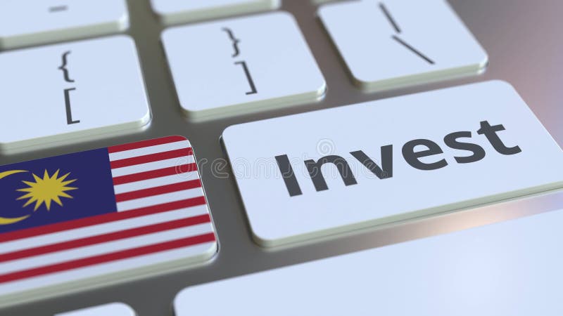 INVEST text and flag of Malaysia on the buttons on the computer keyboard. Business related conceptual 3D rendering stock illustration