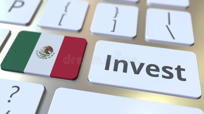 INVEST text and flag of Mexico on the buttons on the computer keyboard. Business related conceptual 3D rendering royalty free illustration