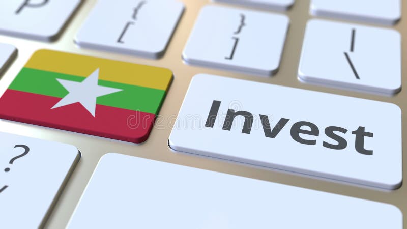 INVEST text and flag of Myanmar on the buttons on the computer keyboard. Business related conceptual 3D rendering stock illustration