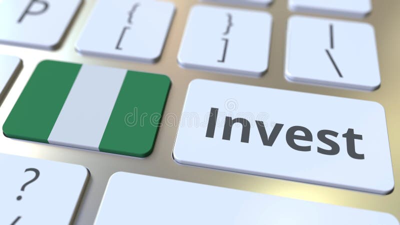 INVEST text and flag of Nigeria on the buttons on the computer keyboard. Business related conceptual 3D rendering stock illustration