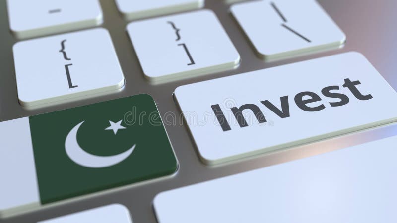 INVEST text and flag of Pakistan on the buttons on the computer keyboard. Business related conceptual 3D rendering stock illustration