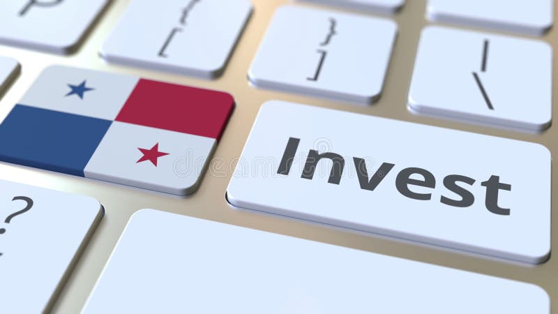 INVEST text and flag of Panama on the buttons on the computer keyboard. Business related conceptual 3D rendering royalty free illustration