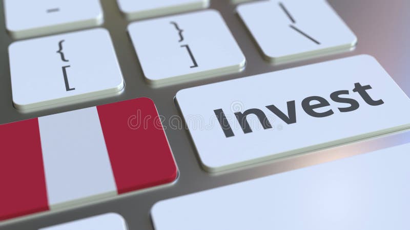 INVEST text and flag of Peru on the buttons on the computer keyboard. Business related conceptual 3D rendering royalty free illustration