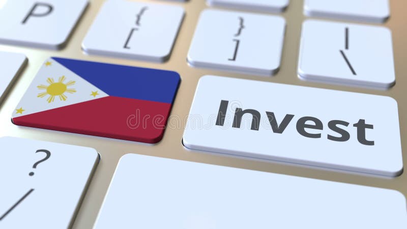 INVEST text and flag of Philippines on the buttons on the computer keyboard. Business related conceptual 3D rendering stock illustration