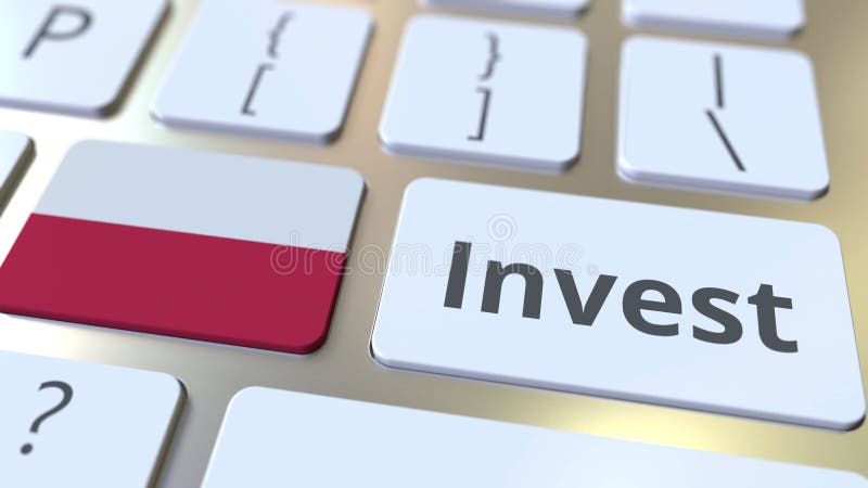 INVEST text and flag of Poland on the buttons on the computer keyboard. Business related conceptual 3D rendering stock illustration