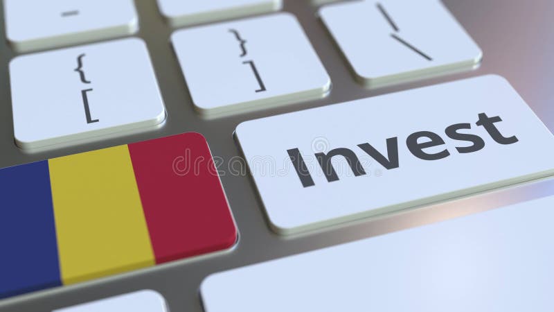 INVEST text and flag of Romania on the buttons on the computer keyboard. Business related conceptual 3D rendering royalty free illustration
