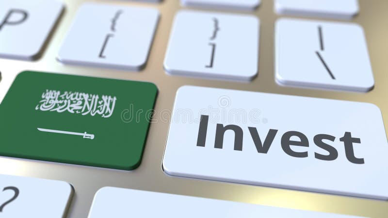 INVEST text and flag of Saudi Arabia on the buttons on the computer keyboard. Business related conceptual 3D rendering vector illustration