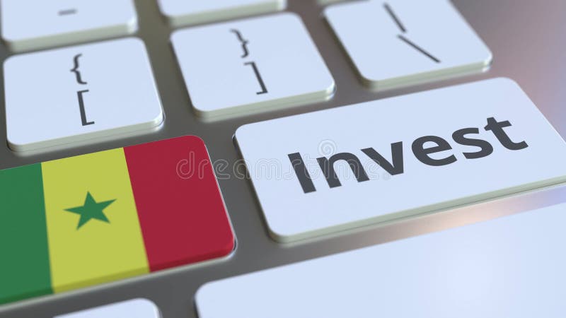 INVEST text and flag of Senegal on the buttons on the computer keyboard. Business related conceptual 3D rendering royalty free illustration