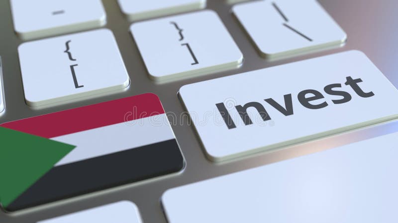 INVEST text and flag of Sudan on the buttons on the computer keyboard. Business related conceptual 3D rendering royalty free illustration