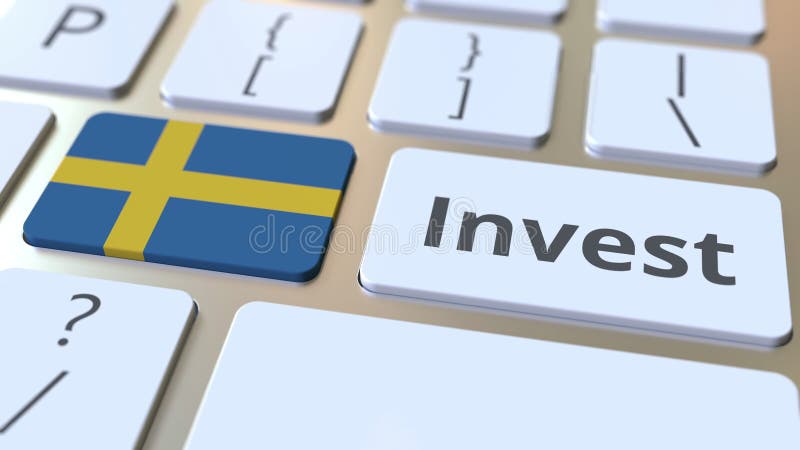INVEST text and flag of Sweden on the buttons on the computer keyboard. Business related conceptual 3D rendering stock illustration