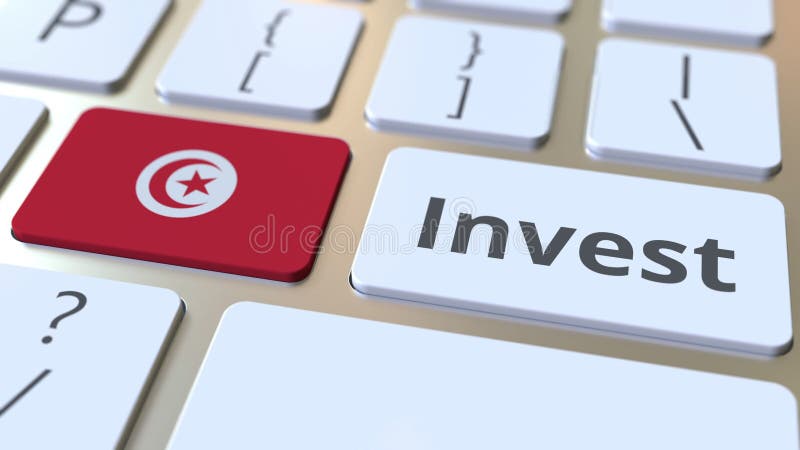 INVEST text and flag of Tunisia on the buttons on the computer keyboard. Business related conceptual 3D rendering royalty free illustration