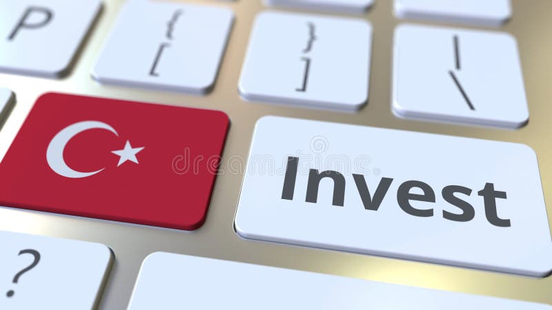 INVEST text and flag of Turkey on the buttons on the computer keyboard. Business related conceptual 3D rendering vector illustration