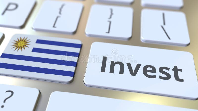 INVEST text and flag of Uruguay on the buttons on the computer keyboard. Business related conceptual 3D rendering vector illustration