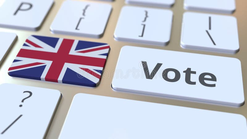 VOTE text and flag of Great Britain on the buttons on the computer keyboard. Election related conceptual 3D animation
