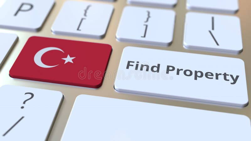 Find Property text and flag of Turkey on the keyboard. Online real estate service related conceptual 3D rendering vector illustration