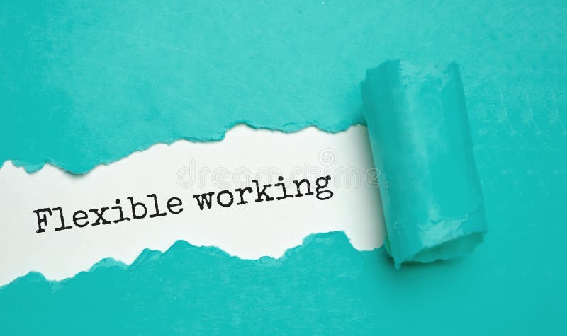 The text FLEXIBLE WORKING appears on torn paper on a white background stock photography