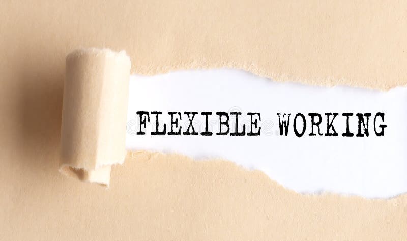The text FLEXIBLE WORKING appears on torn paper on white background stock images