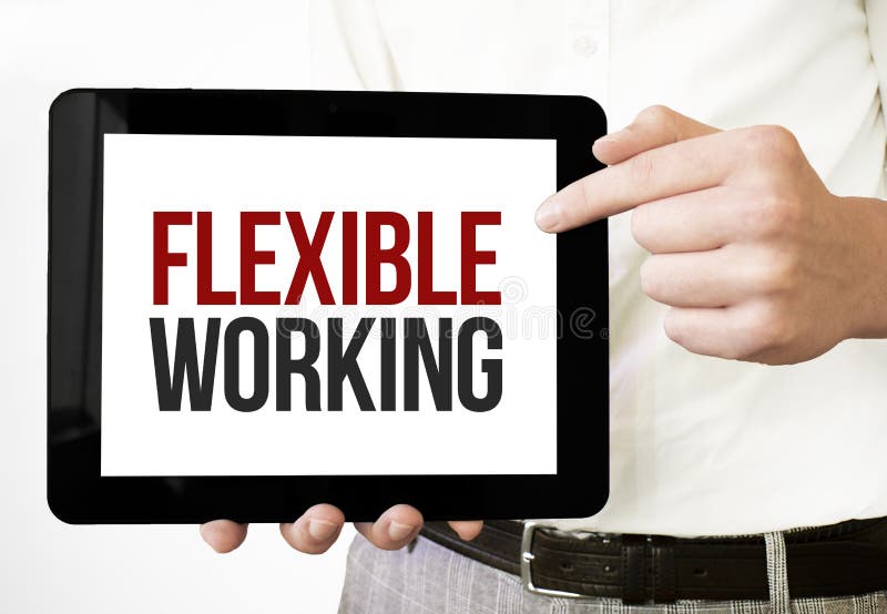 Text FLEXIBLE WORKING on tablet display in businessman hands on the white bakcground. Business concept royalty free stock photo