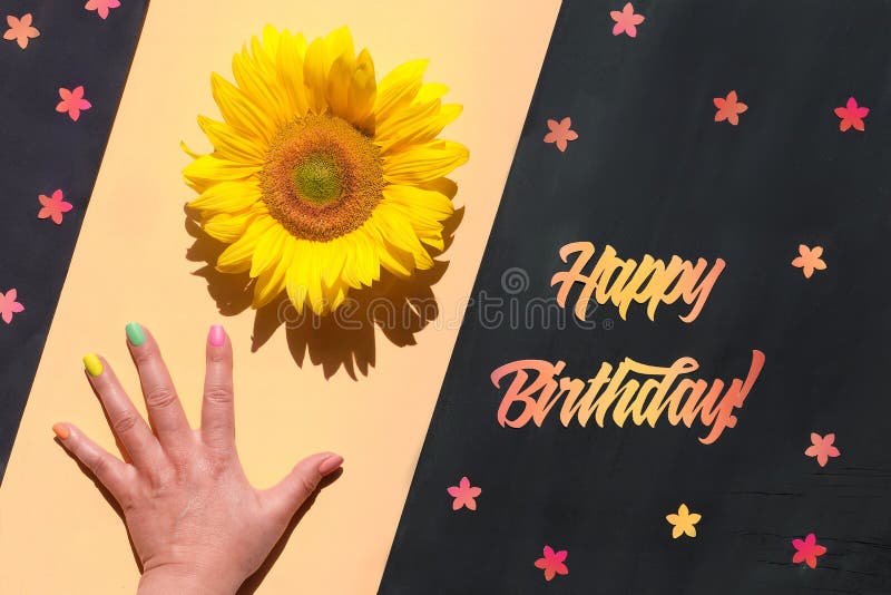 Text Happy Birthday cut out of orange and red paper. Hand holds natural sunflower. Flower in hand, small floral elements