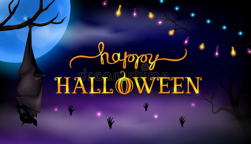 Text Happy Halloween on mysterious night background with moon and bat. Purple night background with inscription Happy Halloween, blue moon, garland of glowing stock illustration Text Happy Halloween on mysterious night background with moon and bat. Purple night background with inscription Happy Halloween, blue moon, garland of glowing stock illustration