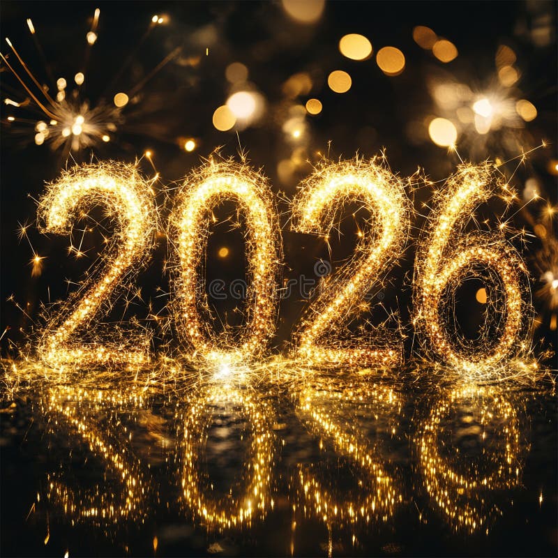Text 2026 in a Happy New Year Greeting Card with Sparkling Fireworks Flame and Festive Glow vector illustration