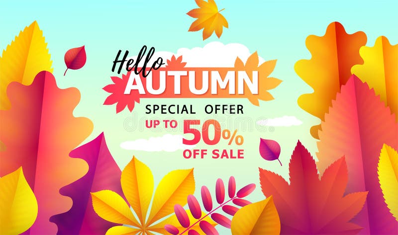 Text Hello Autumn, discounts from 50. Autumn Seasonal sale. Up to 50 off. Vector Background of falling leaves vector illustration Text Hello Autumn, discounts from 50. Autumn Seasonal sale. Up to 50 off. Vector Background of falling leaves vector illustration