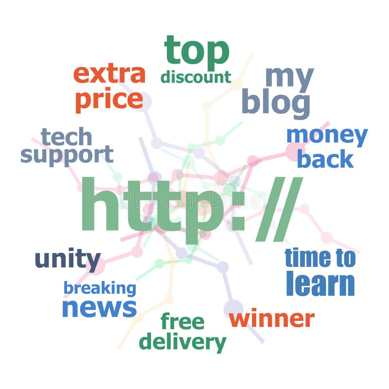 Text http. web design concept. Word cloud collage. Background with lines and circles vector illustration