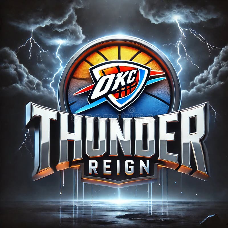 Text logo in a stylish and futuristic font for an NBA team called OKC Thunder, dark background royalty free illustration