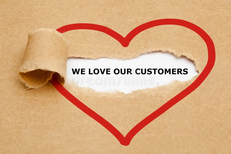 Text We Love Our Customers appearing behind ripped brown paper. Text We Love Our Customers appearing behind ripped brown paper