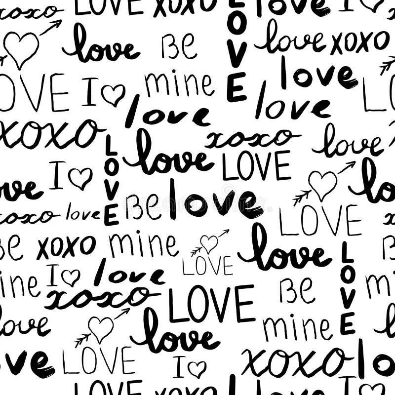 Text Love, Script Cute Doodle Hand Drawn Seamless Pattern on White