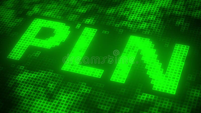 Pixels on the screen compose PLN text. 3D rendering. Text made of pixels on the screen, 3D