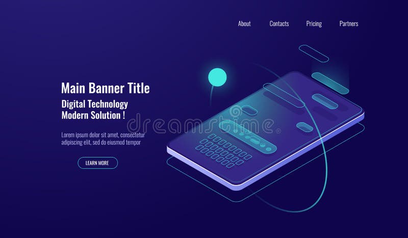 Text message isometric, mobile chat dialog, messenger concept, mobile phone keyboard, chatbot, support online, feedback vector illustration