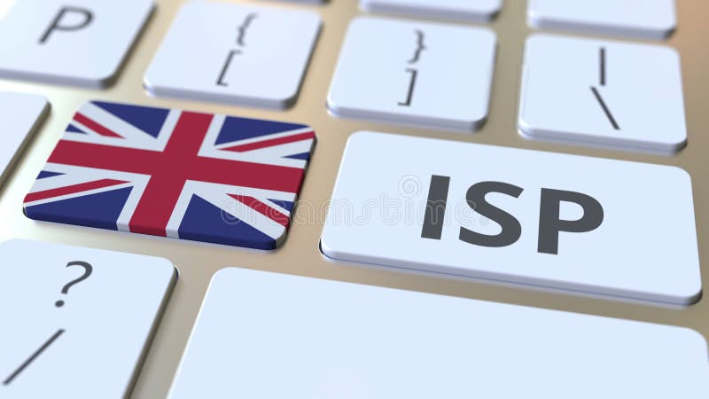 ISP or Internet Service Provider text and flag of Great Britain on the computer keyboard. National web access service