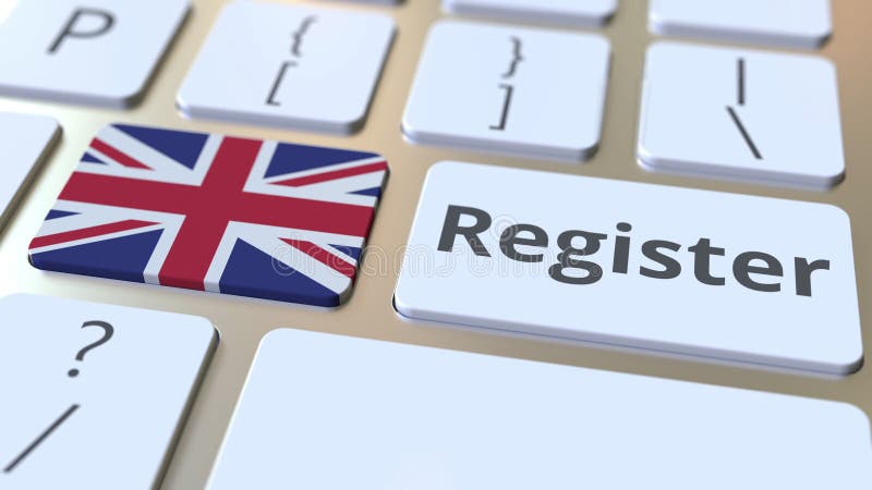 Register text and flag of Great Britain on the keyboard. Online services related 3D animation