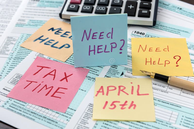 Text Need Help or Tax Time on Sticker Lying Different Tax Form Stock