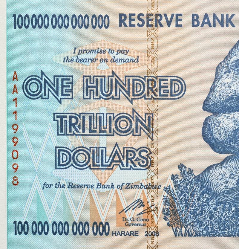 The text is onehundred trillion dollars close up on a Zimbabwe banknote