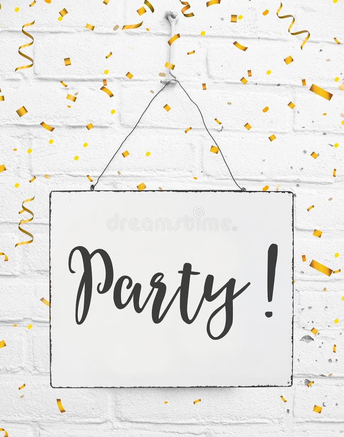 Text party sign with golden confetti royalty free stock images Text party sign with golden confetti royalty free stock images