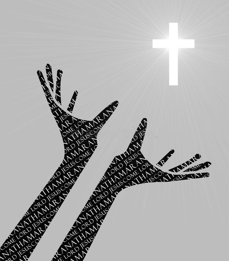 Maranatha Come Lord Jesus Hands in Prayer with Luminous Cross Stock