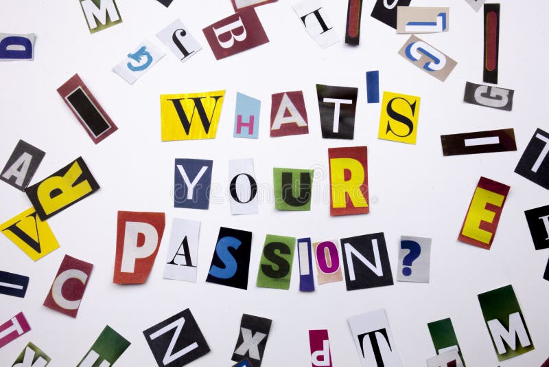 A word writing text showing concept of WHATS YOUR PASSION QUESTION made of different magazine newspaper letter for Business case royalty free stock image