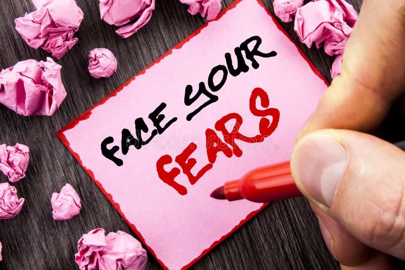 Text sign Face Your Fears. Business concept for Challenge Fear Fourage Confidence Brave Bravery written Pin Sticky Note Paper Fol royalty free stock images