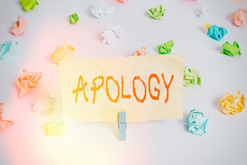 Text sign showing Apology. Conceptual photo a written or spoken expression of one s is regret remorse or sorrow Colored crumpled royalty free stock photos