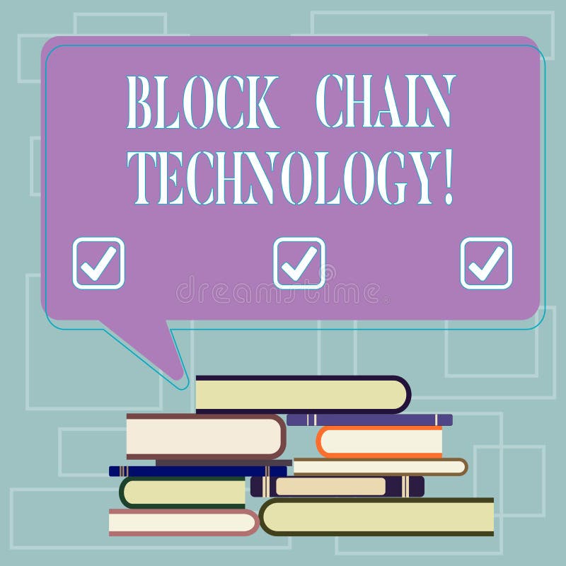 Text sign showing Block Chain Technology. Conceptual photo Digital ledger stored in a distributed network Uneven Pile of Hardbound stock illustration