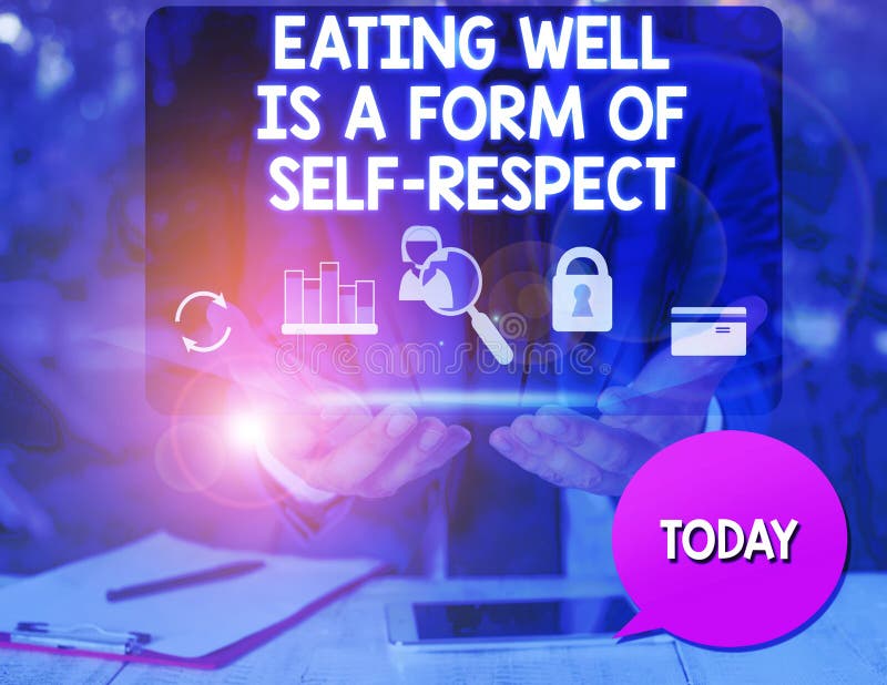 Text sign showing Eating Well Is A Form Of Self Respect. Business photo text a quote of promoting healthy lifestyle man icons smartphone speech bubble office supplies technological device. Text sign showing Eating Well Is A Form Of Self Respect. Business photo text a quote of promoting healthy lifestyle man icons smartphone speech bubble office supplies technological device