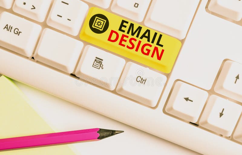 Text sign showing Email Design. Conceptual photo reusable HTML file that is used to build email campaigns White pc royalty free stock images
