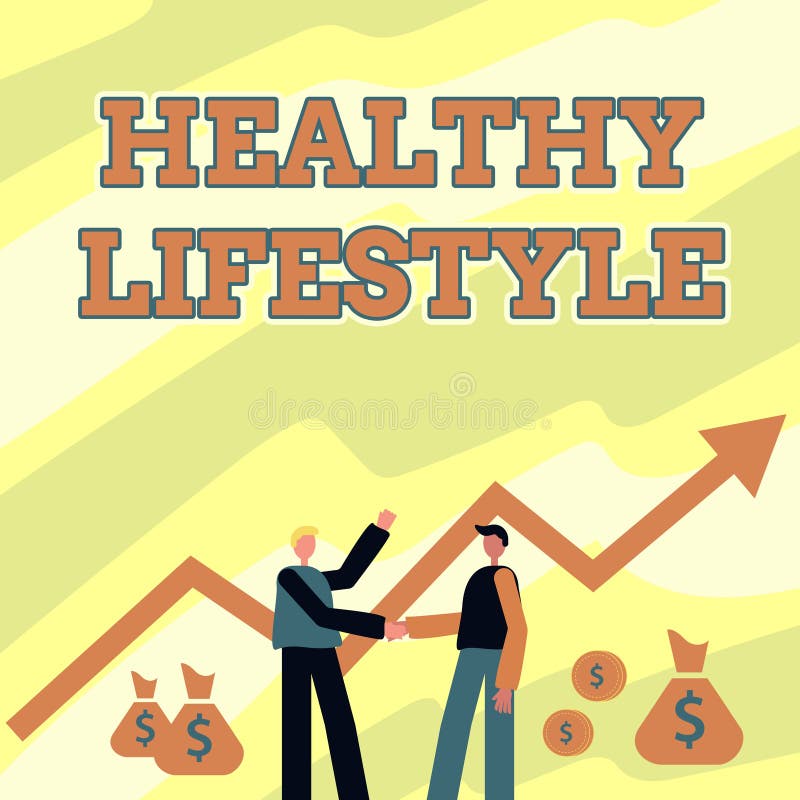 Text sign showing Healthy Lifestyle. Word for Live Healthy Engage in physical activity and exercise Two Men Standing royalty free illustration