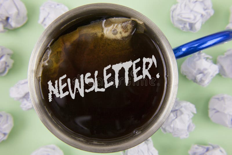 Text sign showing Newsletter Motivational Call. Conceptual photo Bulletin periodically sent to members of group written on Black T stock photography
